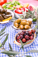 Traditional appetizers, green and red olives from Greek cuisine. Fresh branches of olives. Copy space. Blue checkered tablecloth.