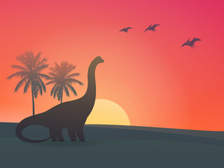 dinosaur, sauropod at sunset vector illustration © nexusby