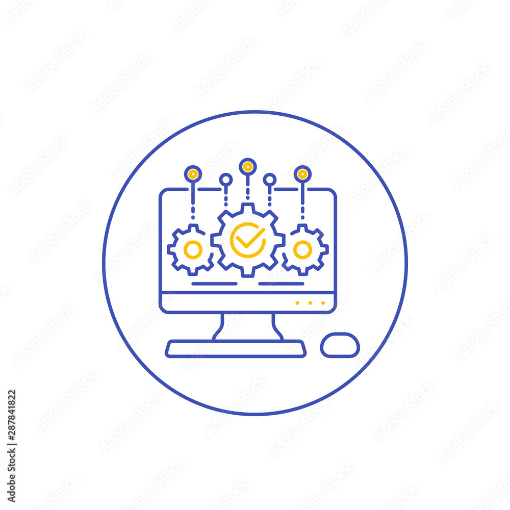 Poster software development and integration icon, line vector
