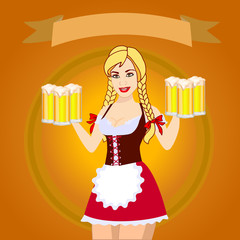 Oktoberfest girl holds beer glases. Waitress in bavarian dirndl. Top banner ribbon. Young pretty blonde with brown eyes smiling. Vector illustration of cartoon character.