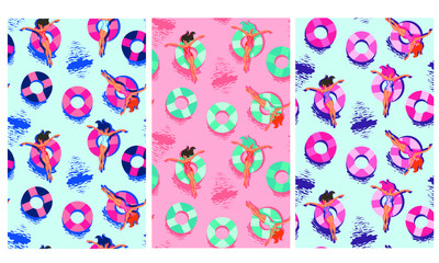 Fototapeta na wymiar patterns without seams girls in swimsuit sunbathing on the beach or surf floats on a rubber disc with a Flamingo