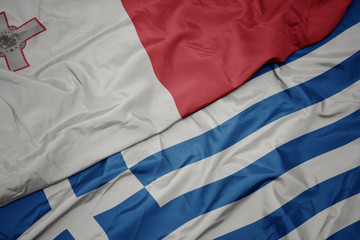 waving colorful flag of greece and national flag of malta.