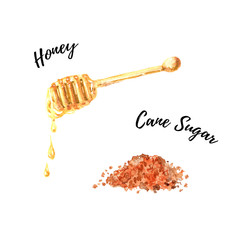 Brown cane sugar and liquid honey dripping from the honey dipper watercolor illustration isolated on white background