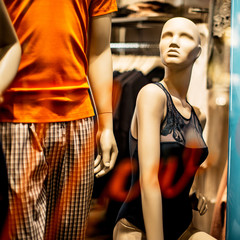 Puppets in a display window at night