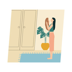 Woman with her cat. Woman dressed in trendy clothes spending time with a pet - holding cat. Flat vector illustration.