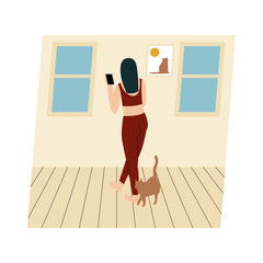 Woman with her cat. Woman dressed in trendy clothes spending time with a pet - cat asking for attention. Flat vector illustration.