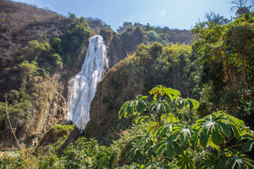 Bridal veil waterfall at the Chiflón waterfalls, we begin to see the waterfall as you climb to the top - obrazy, fototapety, plakaty