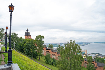 Obraz premium Summer. View from right bank of the Volga River, from the Kremlin. Historical central part of Nizhny Novgorod, Russia
