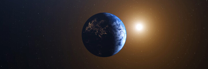 World and sun realistic 3D rendering. Shiny sunlight over Planet Earth, cosmos, atmosphere. Shot from Space satellite