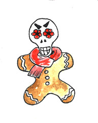 Christmas gingerbread man with Mexican face mask of the dead graphics watercolor illustration