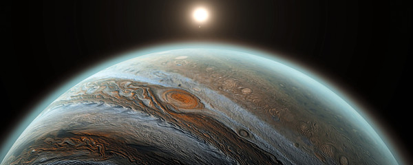 Jupiter planet with rising sun in space, close up shot. Sun is behind of universe's, solar system's giant, beautiful planet Jupiter with shadow 3D illustration vertical banner. © Ser