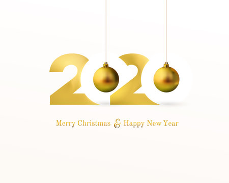 Gold 2020 Happy New Year and Merry Christmas greeting card. Festive xmas decoration golds Christmas balls hanging on the ribbon. Vector illustration. Isolated on white background.
