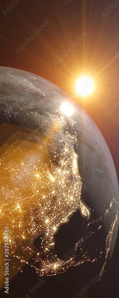 Wall mural world on space, rising sun over planet earth. vertical banner resolution. realistic planet earth 3d 