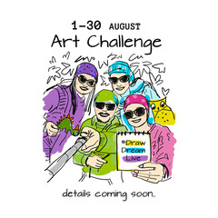 Friends taking selfie photo together, sketch for your design