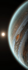 Jupiter planet with rising sun in space, close up shot. Sun is behind of universe's, solar system's giant, beautiful planet Jupiter with shadow 3D illustration vertical banner. © Ser