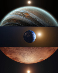 Mix of rising sun over Jupiter, World(Planet Earth) and Mars Planet. Realistic 3D rendering of planets Solar System