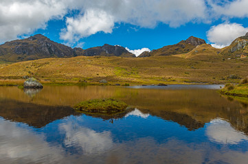 Reflection of the Andes mountain range in one of the many lagoons inside Cajas national park outside of Cuenca, Ecuador.