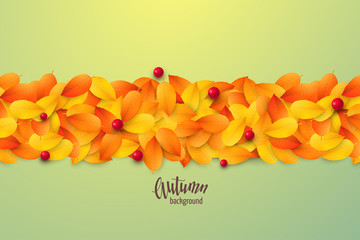 Vector horizontal banner with text Autumn and border of 3D colored fall leaves and realistic cranberry berries. Seasonal template with falling foliage and calligraphic lettering on green background.