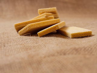 Waffles in a shape on a hessian table cloth, Copy space.