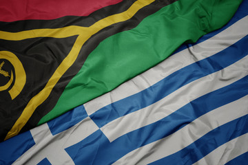 waving colorful flag of greece and national flag of Vanuatu .