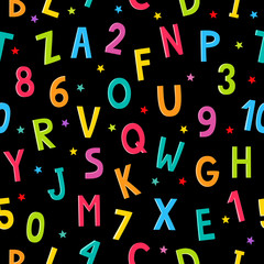 Alphabet, number cartoon pattern with stars isolated on black.