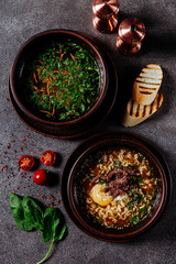 Concept of healthy vegetable and legume soups.Top view