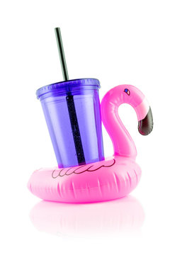 Inflatable mattress. Flamingo pink toy for summer beach. Rubber