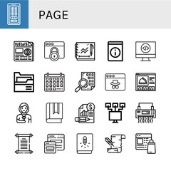 Set of page icons such as Editing, Newspaper, Webpage, Sketchbook, Book, Code, Folder, Calendar, Coding, Website, Reporter, Report, Local network, Shredder, Papyrus, Responsive , page