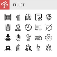 Set of filled icons such as Bond, Cradle, Walkie talkie, Important delivery, Confetti, Ribs, Referee, Sundial, Railway carriage, No bomb, Faravahar, Semitic neopaganism , filled