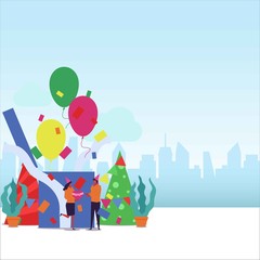 Fototapeta premium Happy birthday flat vector concept couple give heart shaped gift as a surprise.