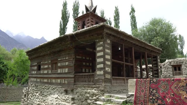 Shigar Amburik Wooden Mosque Picturesque Breathtaking Side View on a Cloudy Rainy Day