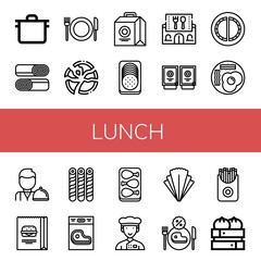 Set of lunch icons such as Pot, Shawarma, Restaurant, Broken plate, Lunch box, Sausage, Sauces, Cheburek, Fried eggs, Waiter, Burger, Wafer, Steak, Chicken leg, Chef, Salad , lunch