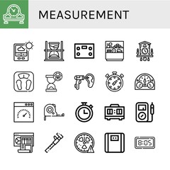 Set of measurement icons such as Table clock, Thermometer, Hourglass, Bathroom scale, Counter, Cuckoo clock, Otoscope, Chronometer, Dashboard, Speedometer, Measuring tape , measurement