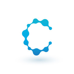 Water molecular initial Letter C Logo design, Fluid liquid Design Element with Dots and shadow. Stock vector illustration isolated on white background.