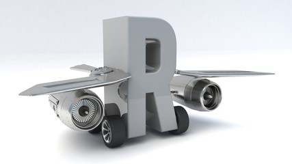 3D illustration of letter R with wings and wheels