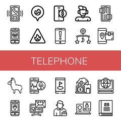 Set of telephone icons such as Call, Phone, Fire location, Fire sign, Smartphone, Mobile, Support, Message, Llama, Salesman, Devices, Laptop, Contact book , telephone