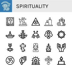 Set of spirituality icons such as Eye of ra, Bible, Candle, Freemasonry, Candles, Faravahar, Pastafarianism, Prayer, Crown of thorns, Shiva, Orthodox cross, Gothic , spirituality