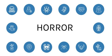 Set of horror icons such as Skull, Pirate, Spider, Zombie, Dead, Executioner, Poison, Widower, Ghost, Mummy , horror