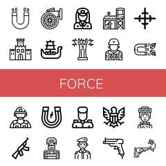 Set of force icons such as Magnet, Fortification, Turbo, Battleship, Policewoman, Stun gun, Military base, Soldier, Center of gravity, Riot police, Assault rifle, Military , force