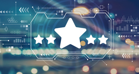 Five star rating with blurred city abstract lights background