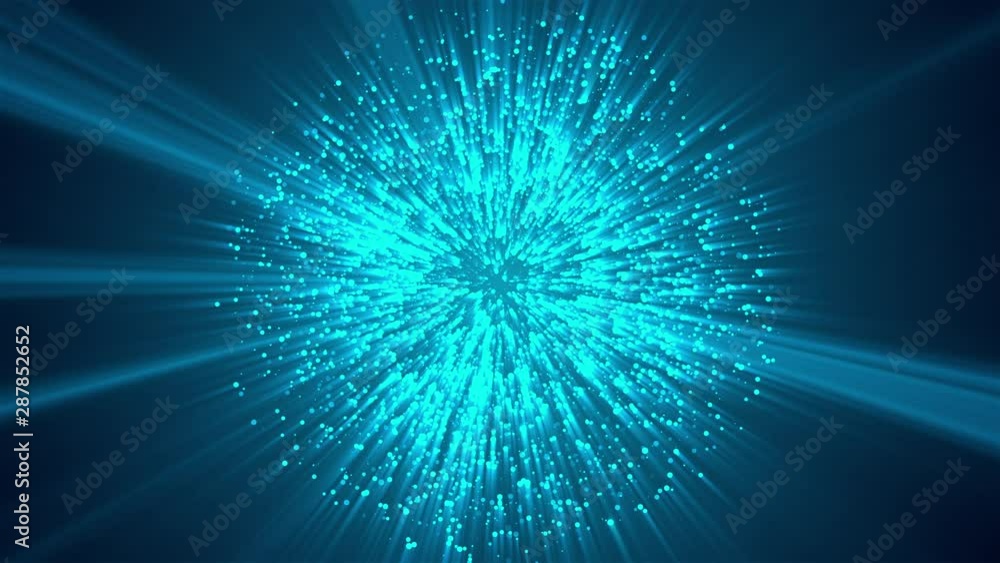 Poster many abstract small blue particles in sphere shape in space, computer generated abstract background,
