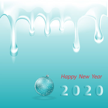 Winter Background - Icicles, Ice Frozen Drops, Turquoise Shiny Ball - Vector. Happy New Year 2020. Christmas.