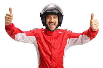 Cheerful racer with a helmet showing both thumbs up