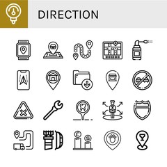 Set of direction icons such as Gauge, Gps, Location, Destination, Navigator, Sprays, Placeholder, Download, Pin, No overtaking, Intersection, Wrench, Decision, Highway , direction