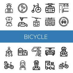 Set of bicycle icons such as Train, Sport, Traffic sign, Automobile, Tricycle, Cable car, Tram, Electric train, Mobile toy, Bicycle, Subway, Bridesmaids, Bike, Cyclist , bicycle