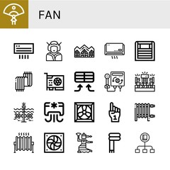 Set of fan icons such as Fan, Air conditioning, Geisha, Hotel de glace, Air conditioner, Heater, Scarf, Video card, Fans, Tidal, Cooling system, Foam hand, Heat, Flamenco , fan