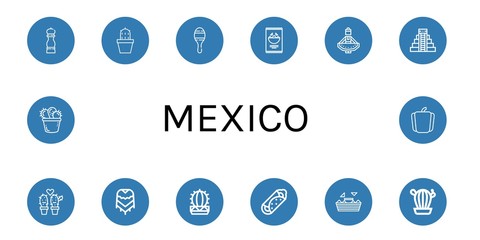 Set of mexico icons such as Pepper, Cactus, Maracas, Nachos, Regional dance, Mayan pyramid, Poncho, Burrito , mexico