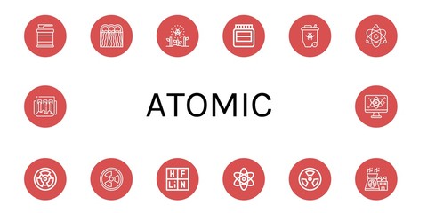 Set of atomic icons such as Formula, Hydro power, Radioactive, Hormones, Atomic energy, Radiation, Periodic table, Atomic, Nuclear power, Quantum ,