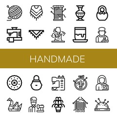 Set of handmade icons such as Yarn, Sewing machine, Shawl, Thread, Clay, Pottery, Handicrafts, Matryoshka, Shoemaker, Embroidery, Origami, Wicker basket, Tailor, Kentia , handmade