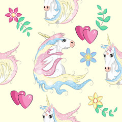 Cute unicorns seamless pattern. Kids pattern with unicorns, flowers, balloons, clouds and rainbow